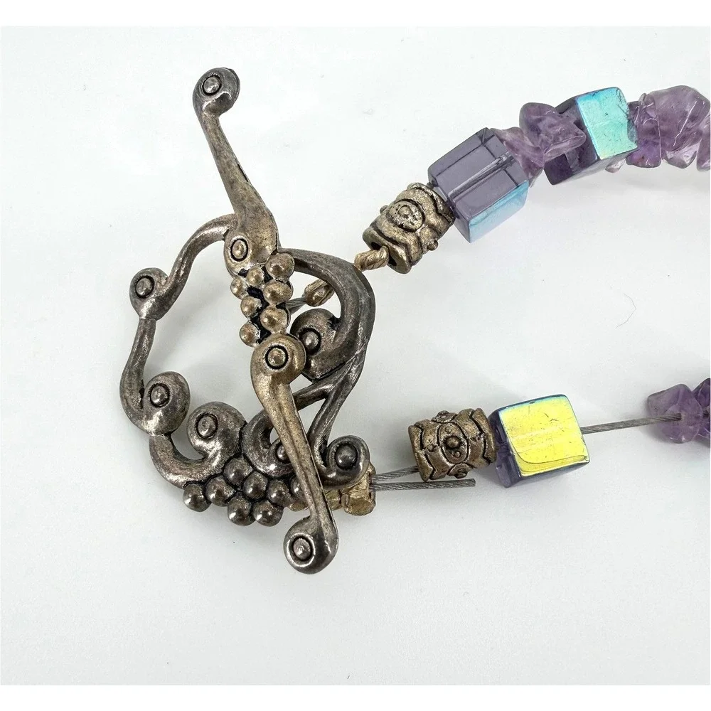 Amethyst Raw Chunk & Chip Beaded Statement Necklace Silver Tone Boho Toggle